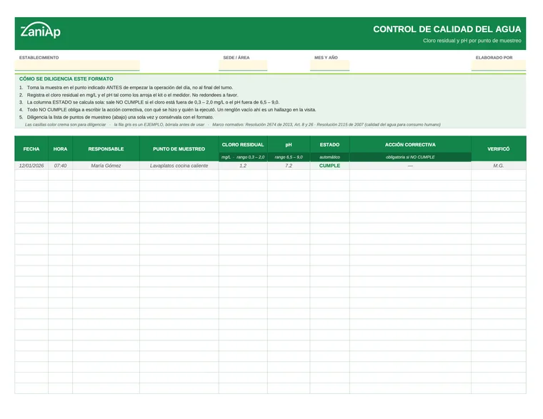 Vista previa del formato de control de agua