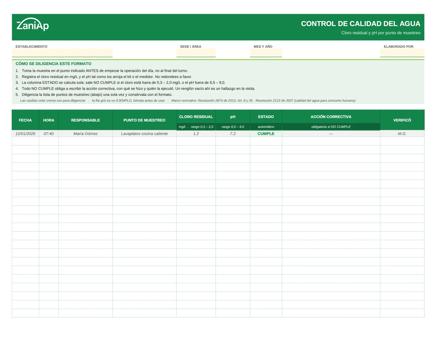 Vista previa del formato de control de agua en PDF, página 1
