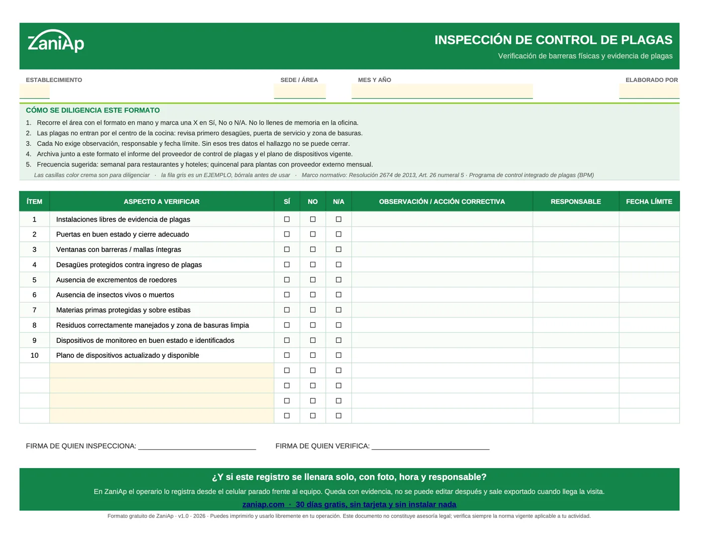 Vista previa del formato de control de plagas en PDF, página 1