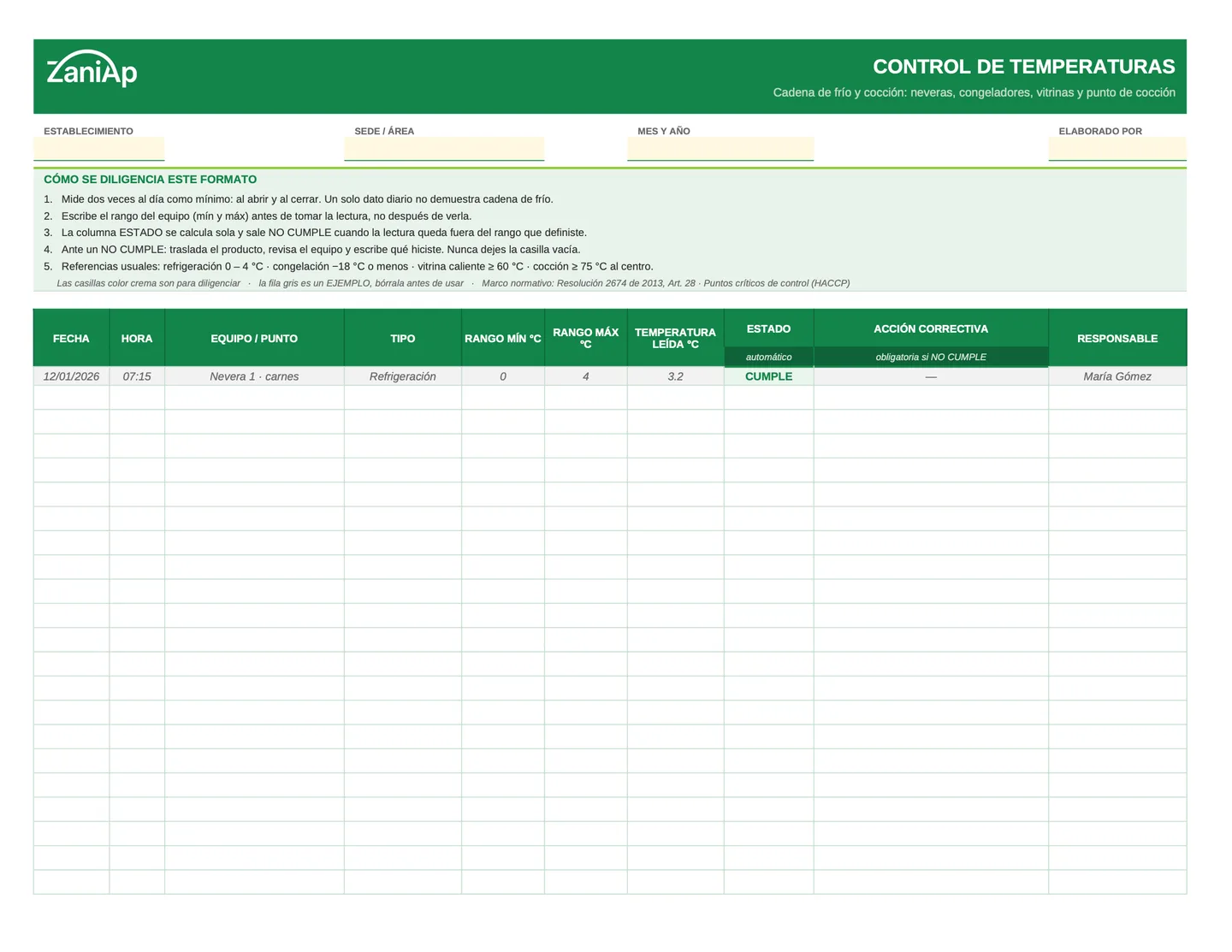 Vista previa del formato de control de temperaturas en PDF, página 1