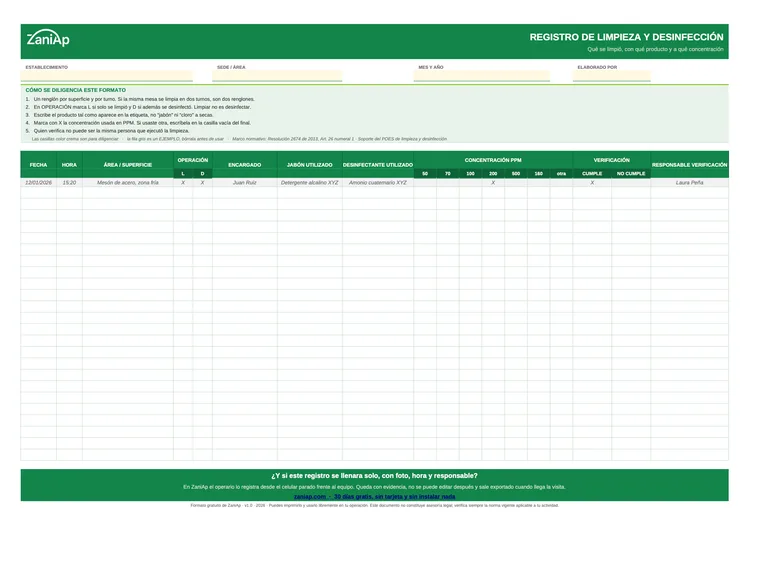 Vista previa del formato de limpieza y desinfección