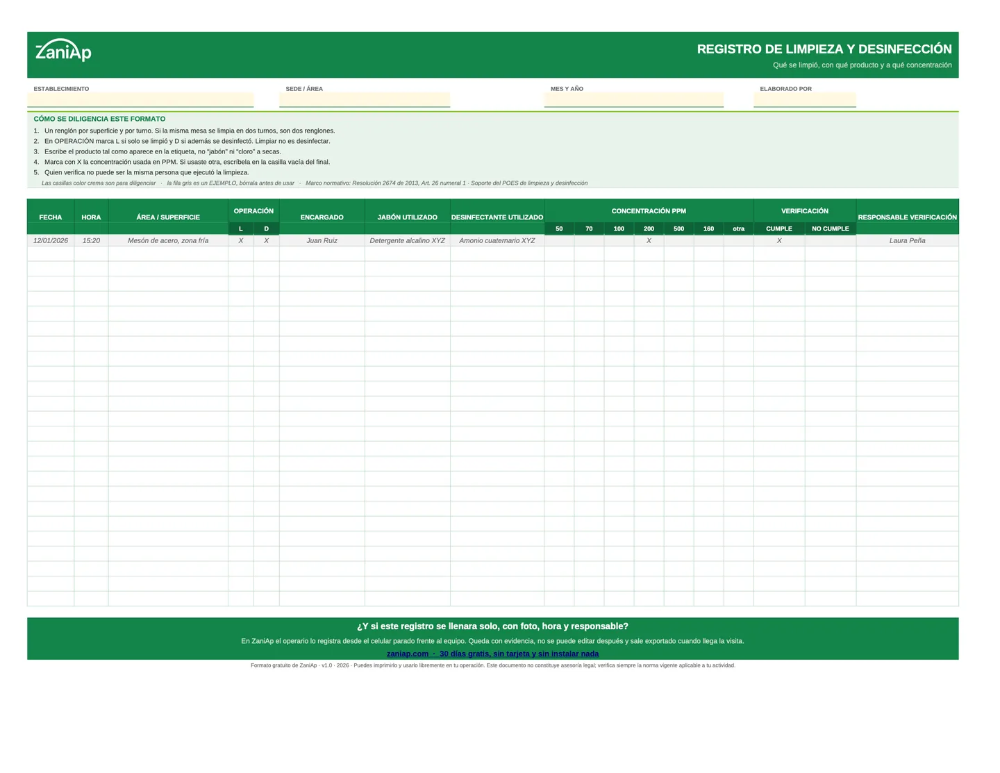 Vista previa del formato de limpieza y desinfección en PDF, página 1