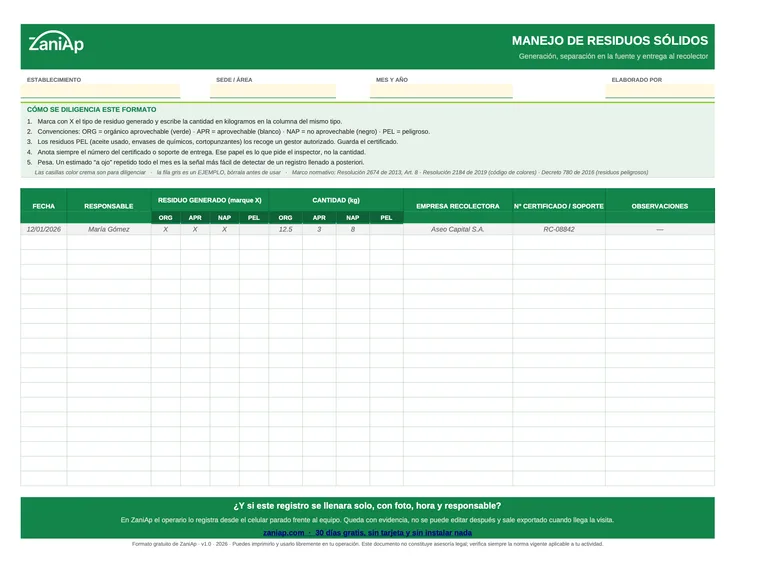 Vista previa del formato de manejo de residuos sólidos