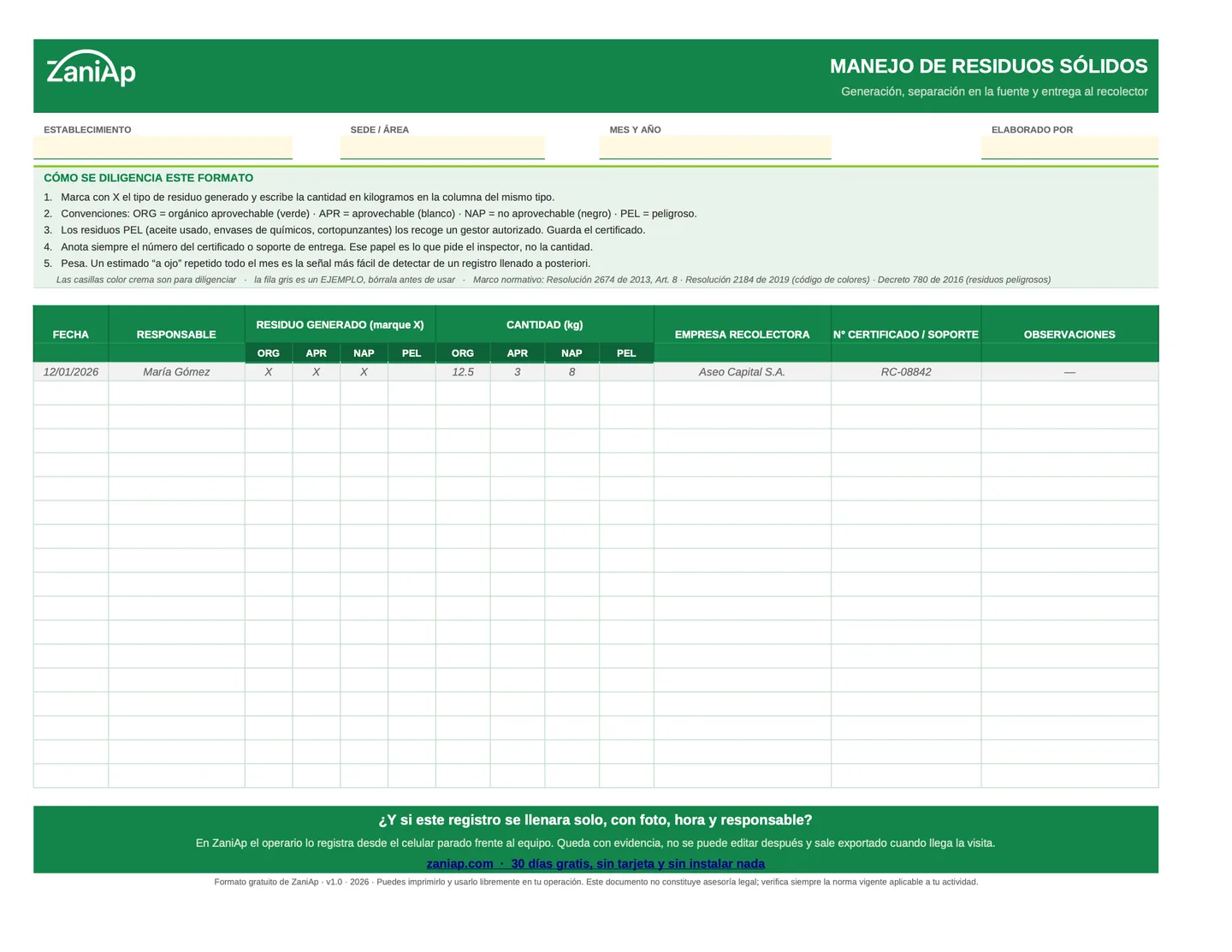 Vista previa del formato de manejo de residuos sólidos en PDF, página 1