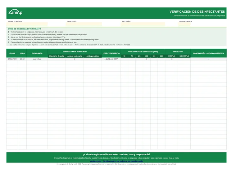 Vista previa del formato de verificación de desinfectantes