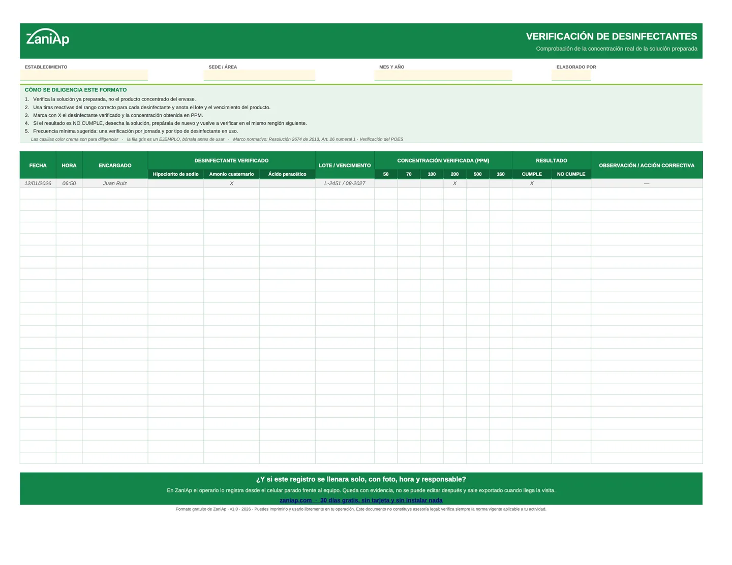 Vista previa del formato de verificación de desinfectantes en PDF, página 1
